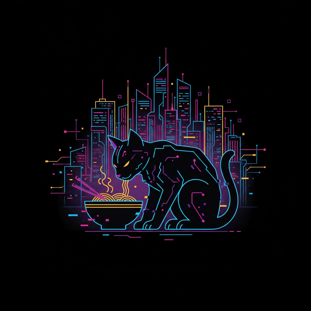Psychedelic Cyber-Ramen Cat: Neon Retro City Dream